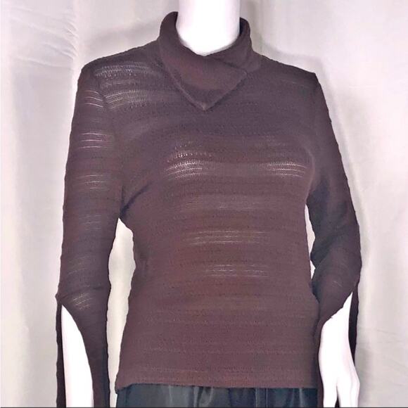 LA Made xRevolve Brown Semi-sheer Stripe Bat-wing Knit Mock Neck Sweater SzS - Picture 7 of 16